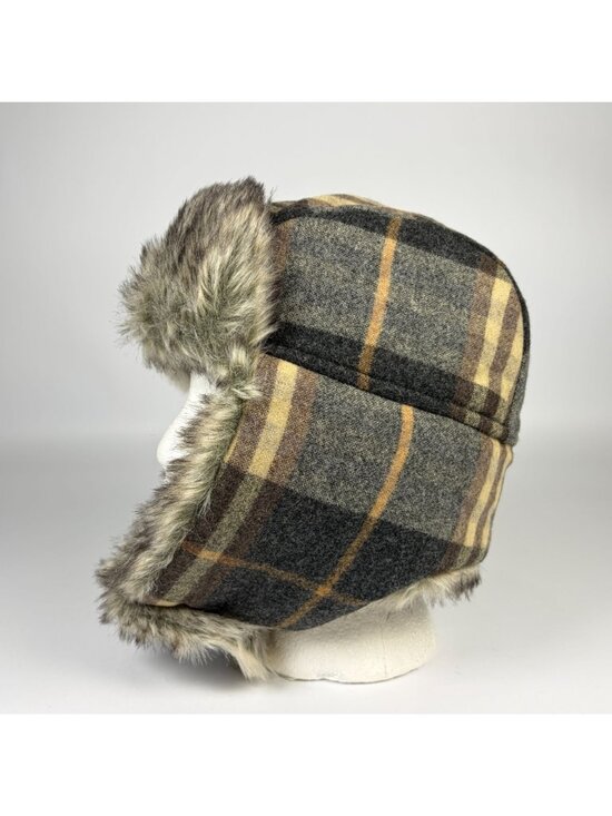 Woolrich Plaid Trapper Hat Faux Fur Lined Ear Flaps Gray Brown Wool Blend S